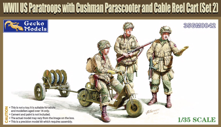Gecko Models 35GM0042 - Scooter Cushman Mod.53 w/RL-35 Cable Reel Cart Mod.1944 &amp; US Paratroops (Set 2) - 1:35