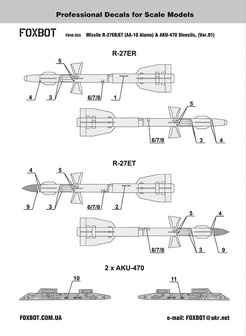 Foxbot 48-055 - Decals - Soviet Missile R-27ER/ET (AA-10 Alamo) &amp; AKU-470 Stencils (Var.1) - 1:48
