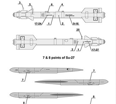 Foxbot 72-049 - Decals - Soviet Missile R-73 (AA-11 Archer) &amp; 7/8 points for Su-27 Stencils - 1:72