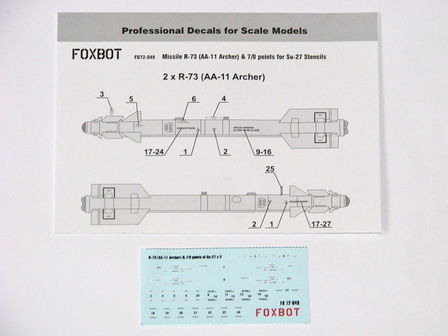 Foxbot 72-049 - Decals - Soviet Missile R-73 (AA-11 Archer) &amp; 7/8 points for Su-27 Stencils - 1:72