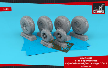 Armory AW48349 - B-29 Superfortress early production wheels w/ weighted tyres type &quot;c&quot; (GS) &amp; PE hubcaps - 1:48