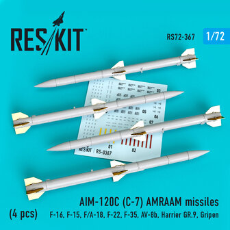 RS72-0367 - AIM-120C (C-7) AMRAAM missiles (4 pcs) (F-16, F-15, F/A-18, F-22, F-35, AV-8b, Harrier gr.9, Gripen)  - 1:72 - [RES/KIT]