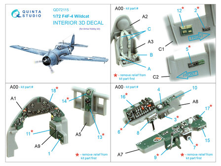 Quinta Studio QD72115 - F4F-4 Wildcat 3D-Printed &amp; coloured Interior on decal paper (for Arma Hobby kit) - 1:72
