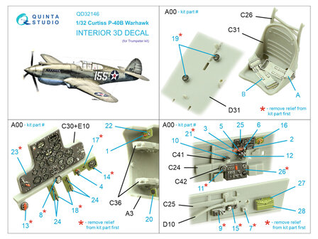 Quinta Studio QD32146 - P-40B Warhawk 3D-Printed &amp; coloured Interior on decal paper (for Trumpeter kit) - 1:32