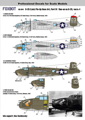Foxbot 48-044 - Decals - North American B-25G/H/J Mitchell (Late) "Pin-Up Nose Art and Stencils" Part # 4 - 1:48