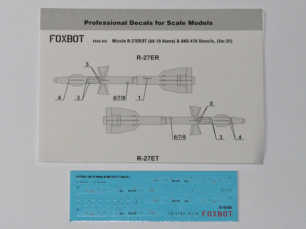 Foxbot 48-055 - Decals - Soviet Missile R-27ER/ET (AA-10 Alamo) & AKU-470 Stencils (Var.1) - 1:48