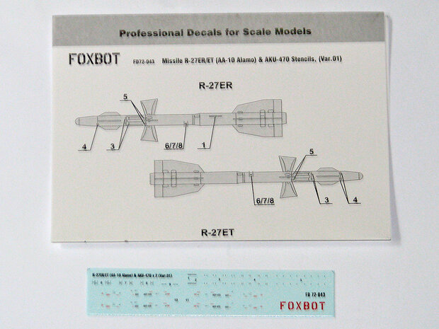 Foxbot 72-043 - Decals - Soviet Missile R-27ER/ET (AA-10 Alamo) & AKU-470 Stencils (Var.1) - 1:72