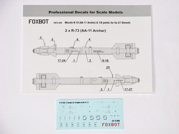Foxbot 72-049 - Decals - Soviet Missile R-73 (AA-11 Archer) & 7/8 points for Su-27 Stencils - 1:72