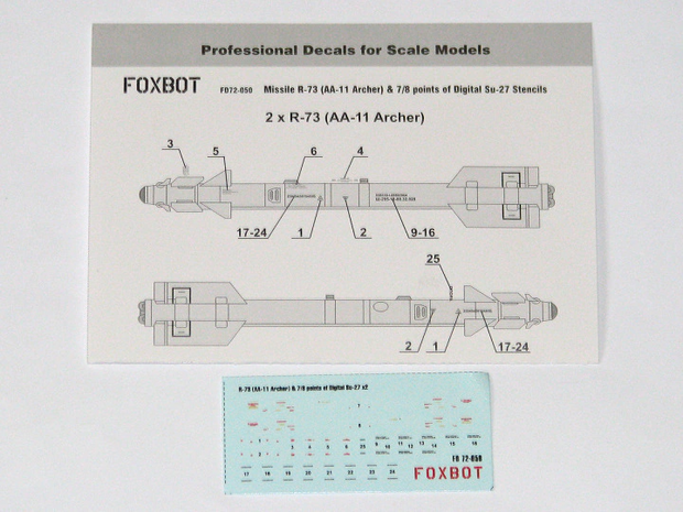 Foxbot 72-050 - Decals - Soviet Missile R-73 (AA-11 Archer) & 7/8 points of Digital Su-27 Stencils - 1:72