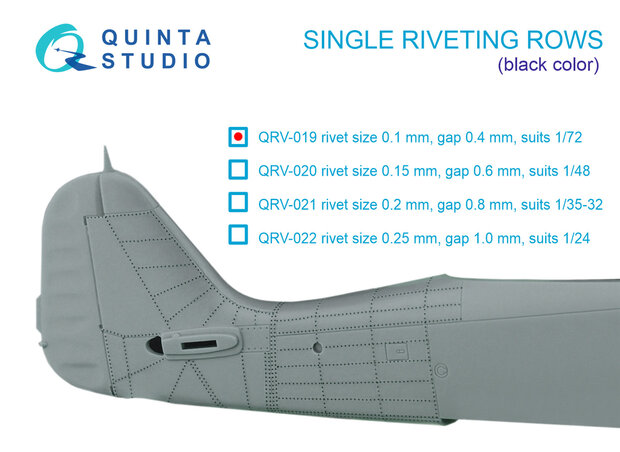 Quinta Studio QRV-019 - Single riveting rows (rivet size 0.10 mm, gap 0.4 mm), Black color, total length 6.7 m/22 ft - 1:72