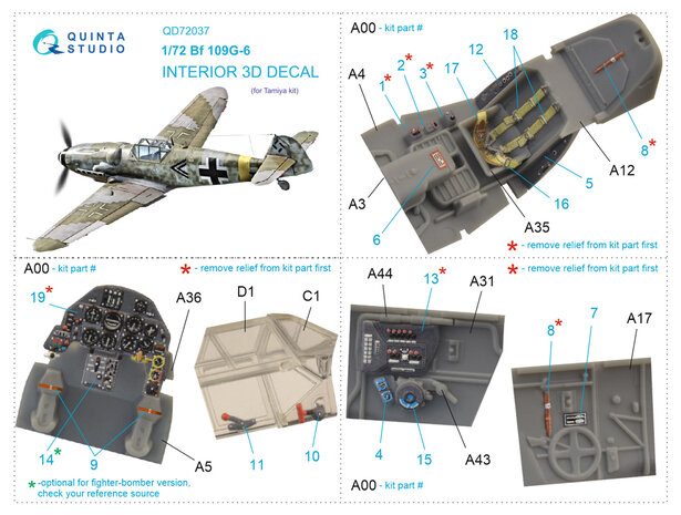 Quinta Studio QD72037 - Bf 109 G-6 3D-Printed & coloured Interior on decal paper (for Tamiya kit) - 1:72