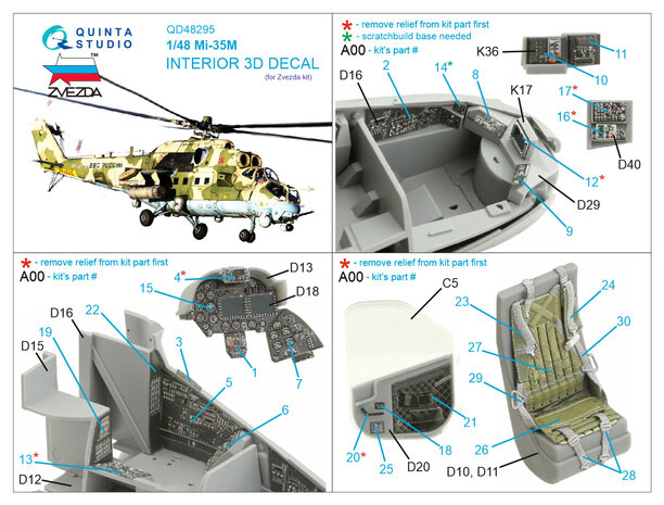 Quinta Studio QD48295 - Mi-35M 3D-Printed & coloured Interior on decal paper (for Zvezda kit) - 1:48