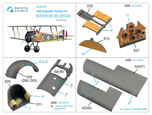 Quinta Studio QD48276 - Sopwith Camel F.1 3D-Printed & coloured Interior on decal paper (for Eduard kit) - 1:48