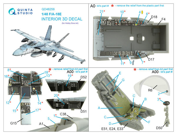 Quinta Studio QD48259 - F/A-18E 3D-Printed & coloured Interior on decal paper (for HobbyBoss kit) - 1:48