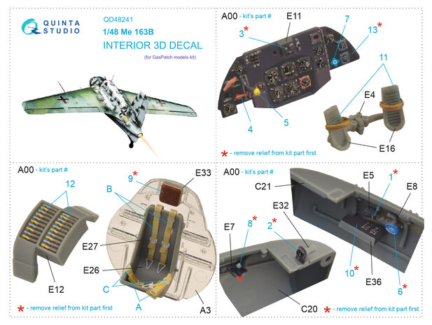 Quinta Studio QD48241 - Me 163B 3D-Printed & coloured Interior on decal paper (for GasPatch models kit) - 1:48