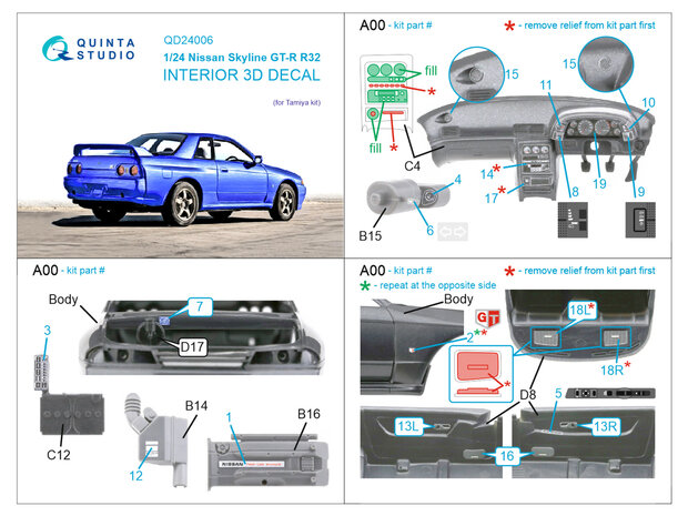 Quinta Studio QD24006 - Nissan Skyline GT-R R32 3D-Printed & coloured Interior on decal paper (for Tamiya kit) - 1:24