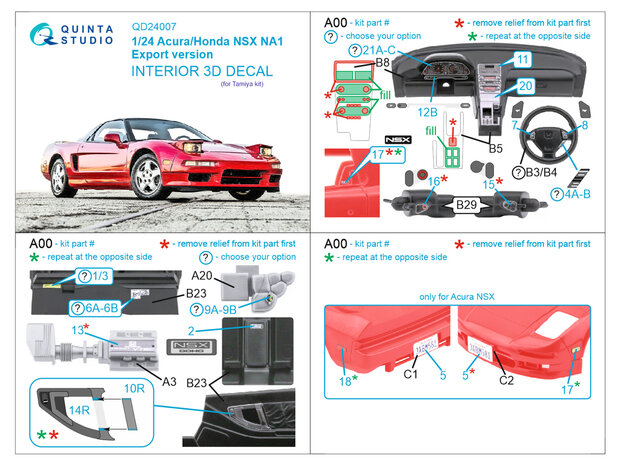 Quinta Studio QD24007 - Acura-Honda NSX NA1 Export version 3D-Printed & coloured Interior on decal paper (for Tamiya kit) - 1:24
