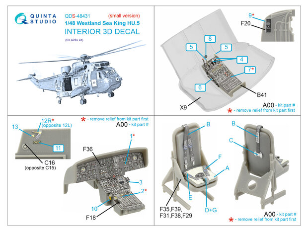 Quinta Studio QDS-48431 - Westland Sea King HU.5 3D-Printed & coloured Interior on decal paper (for Airfix kit) - Small Version - 1:48