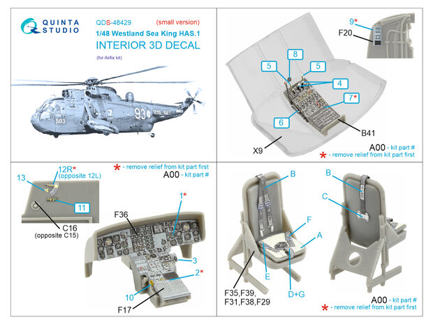 Quinta Studio QDS-48429 - Westland Sea King HAS.1 3D-Printed & coloured Interior on decal paper (for Airfix kit) - Small Version - 1:48