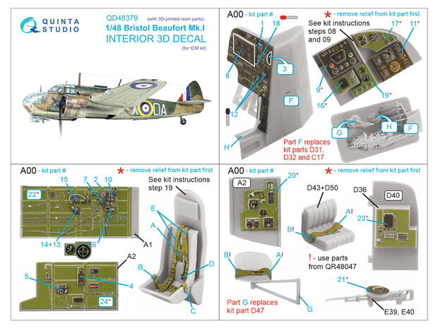 Quinta Studio QD+48379 - Bristol Beaufort Mk.I 3D-Printed & coloured Interior on decal paper (for ICM kit) (with 3D-printed resin parts) - 1:48