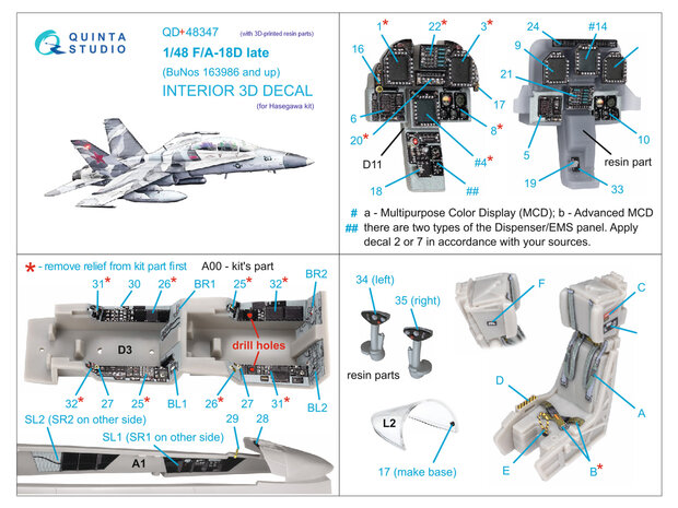 Quinta Studio QD+48347 - FA-18D late 3D-Printed & coloured Interior on decal paper (for Hasegawa kit) (with 3D-printed resin parts) - 1:48