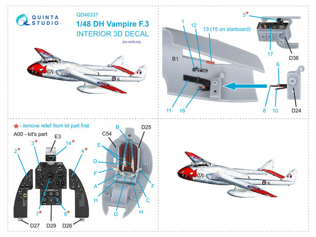 Quinta Studio QD48337 - DH Vampire F.3 3D-Printed & coloured Interior on decal paper (for Airfix kit) - 1:48