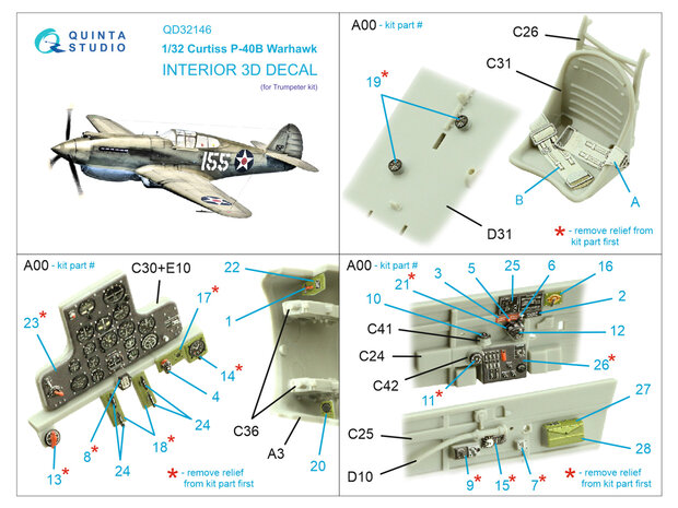 Quinta Studio QD32146 - P-40B Warhawk 3D-Printed & coloured Interior on decal paper (for Trumpeter kit) - 1:32