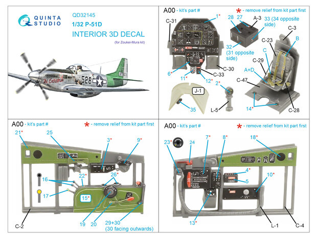 Quinta Studio QD32145 - P-51D Mustang 3D-Printed & coloured Interior on decal paper (for Zoukei-Mura SWS kit) - 1:32