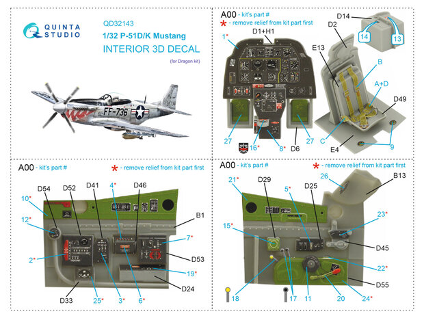 Quinta Studio QD32143 - P-51D/K Mustang 3D-Printed & coloured Interior on decal paper (for Dragon kit) - 1:32